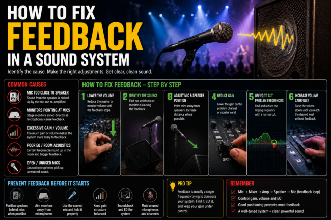 how to fix sound system feedback - microphone and speaker placement diagram